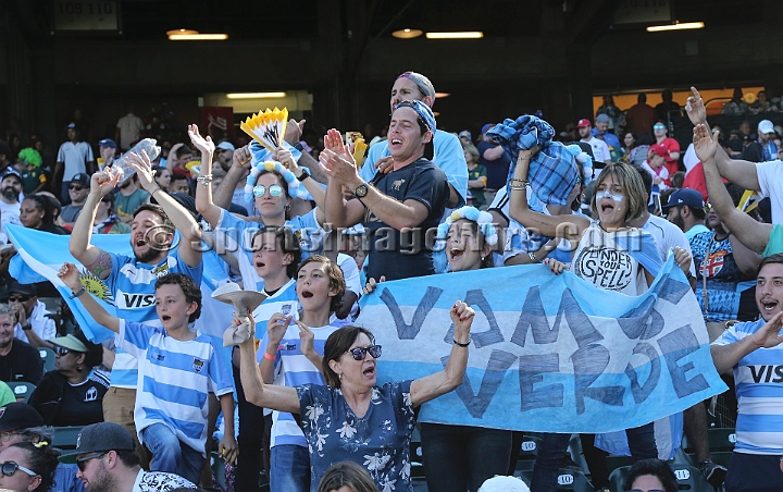 2018RugbySevensSun-18.JPG - Argentine fans cheer in the men's championship 5th place finals of the 2018 Rugby World Cup Sevens, Sunday, July 22, 2018, at AT&T Park, San Francisco. Argentina defeated the United States 33-7. (Spencer Allen/IOS via AP)